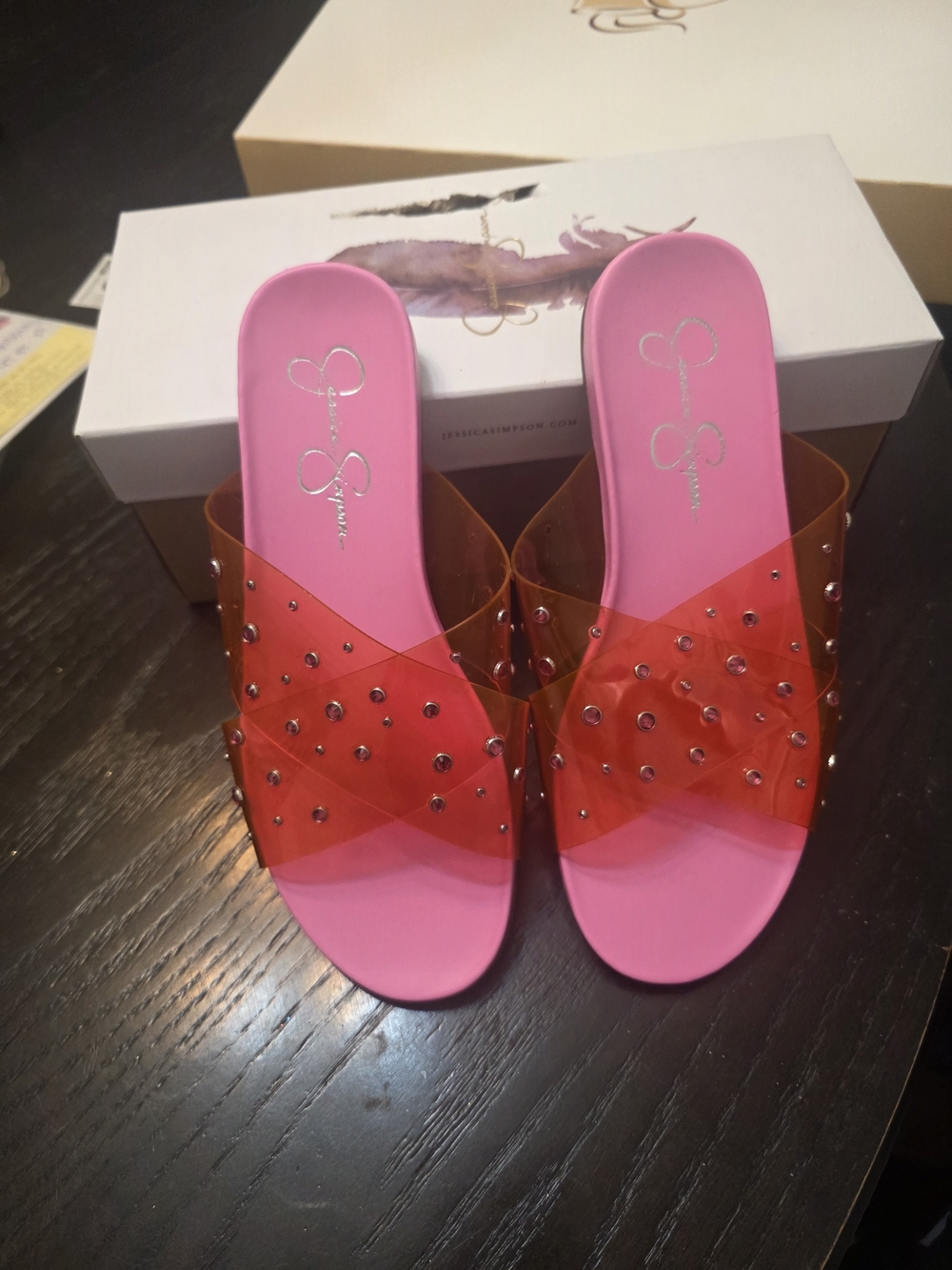 Jessica Simpson Pink Slides with Red Studded Cross Straps